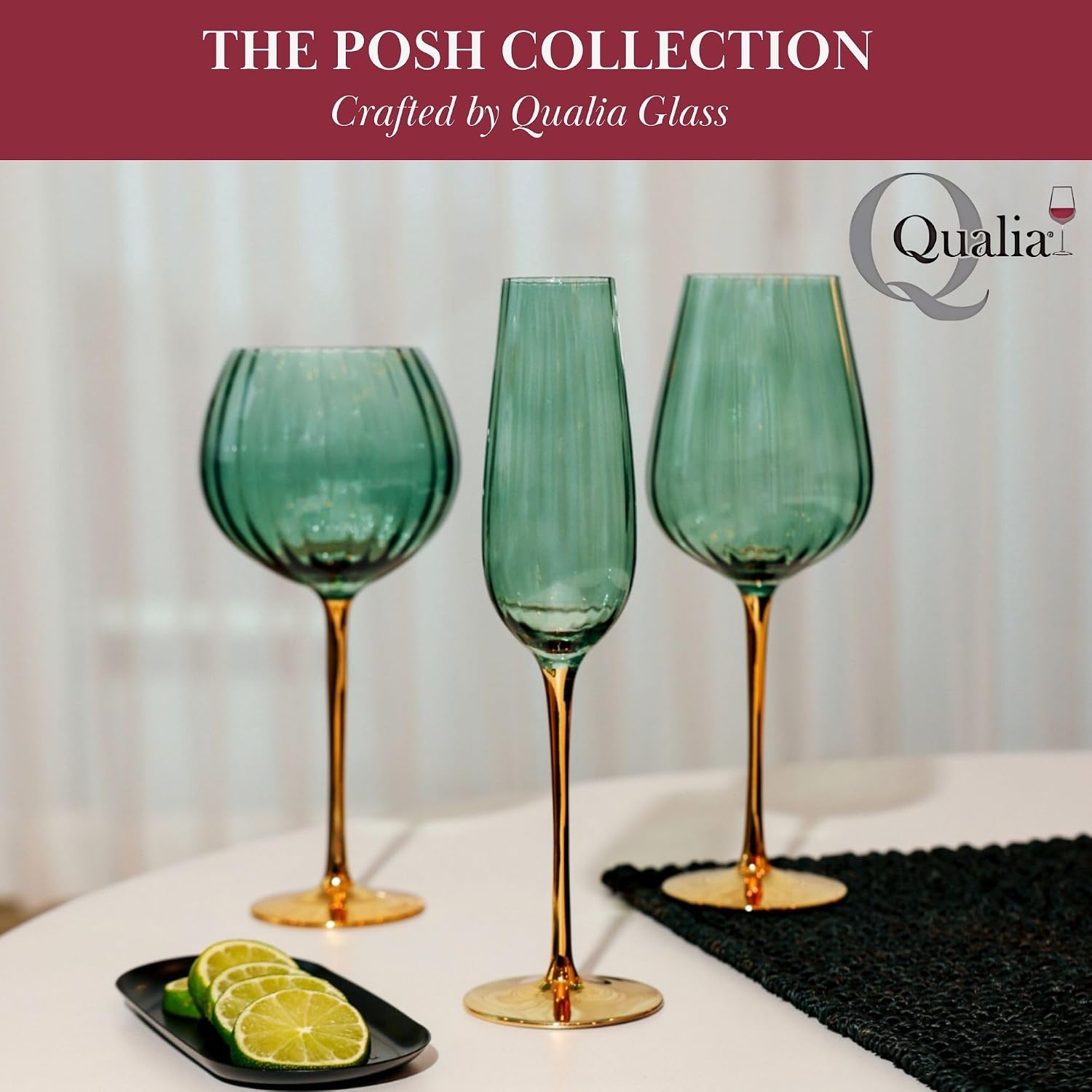 QUALIA Posh Green Champagne Flutes Set of 2, Green Colored Flutes For Wedding with Gold Stem, 8 oz Lead-Free Mimosa Glasses, Colored Glassware, Flute Champagne Glasses, Wedding Gifts For Women,