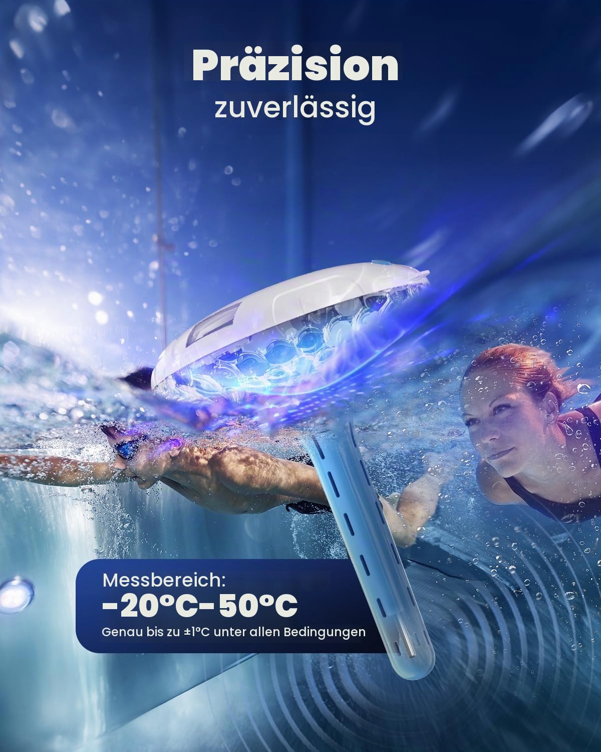 Solar Digital Pool Licht mit Dual LCD Bildschirmen, Leicht ablesbares Schwimmendes Poolthermometer mit 6 dynamischen Lichteffekten, IPX7 Wasserdicht Digital Thermometer (Marineblau)