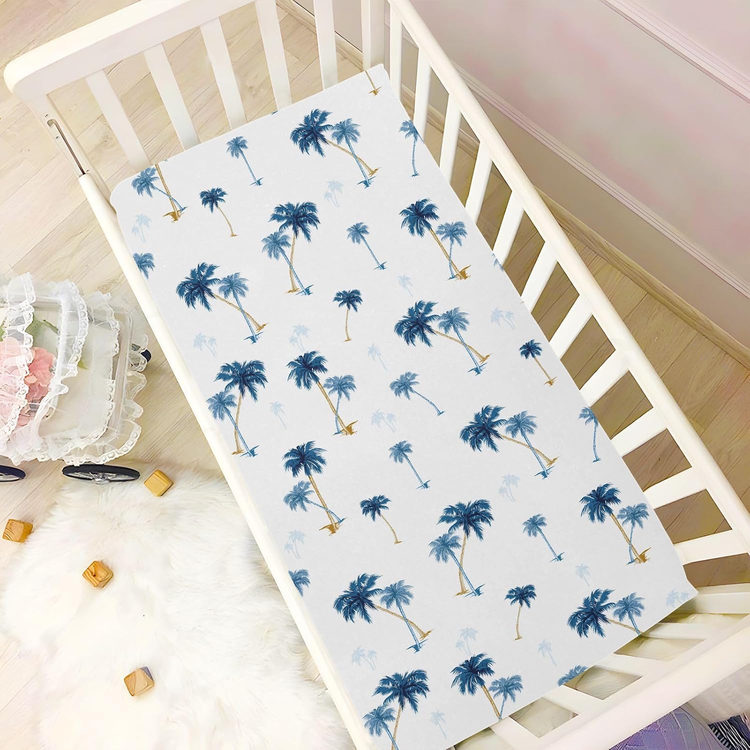 vvfelixl Crib Sheets for Boys Tropical Tree Palm Tree Toddler Baby Girl Sheets for Crib,Neutral Mini Crib Nursery Mattress Sheets Fitted,Crib Mattress Soft & Breathable 52 * 28 * 9In White