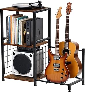 FurnitureR Multifunctional End Table with Guitar Stand, Industrial Style 3-Tier Music Equipment Rack with Wooden Board & Metal Frame, Guitar Stand with Storage Shelves, Holds 2 Guitars, Brown