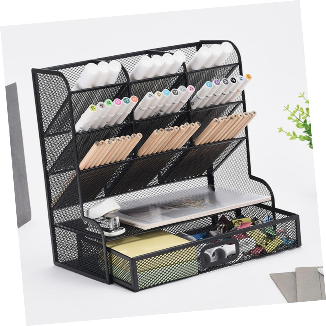 NUOBESTY Metallener Stiftehalter Leicht zu Reinigen mit 9 Fächern Schreibtisch Organizer aus Metall Mehrlagige Aufbewahrungsbox mit Glatten Kanten für Bürobedarf