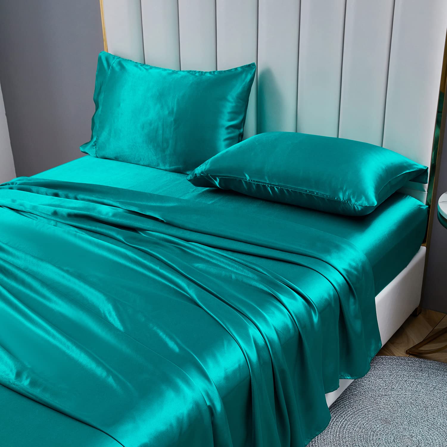 Jemiipee Completo Lenzuola Raso Matrimoniale Tinta Unita 180x200x36 cm - Lenzuola Sotto con Angoli Matrimoniali, Lenzuolo Sopra, 2 Federe - Biancheria da Letto Satin 4 Pezzi - Verde Acqua