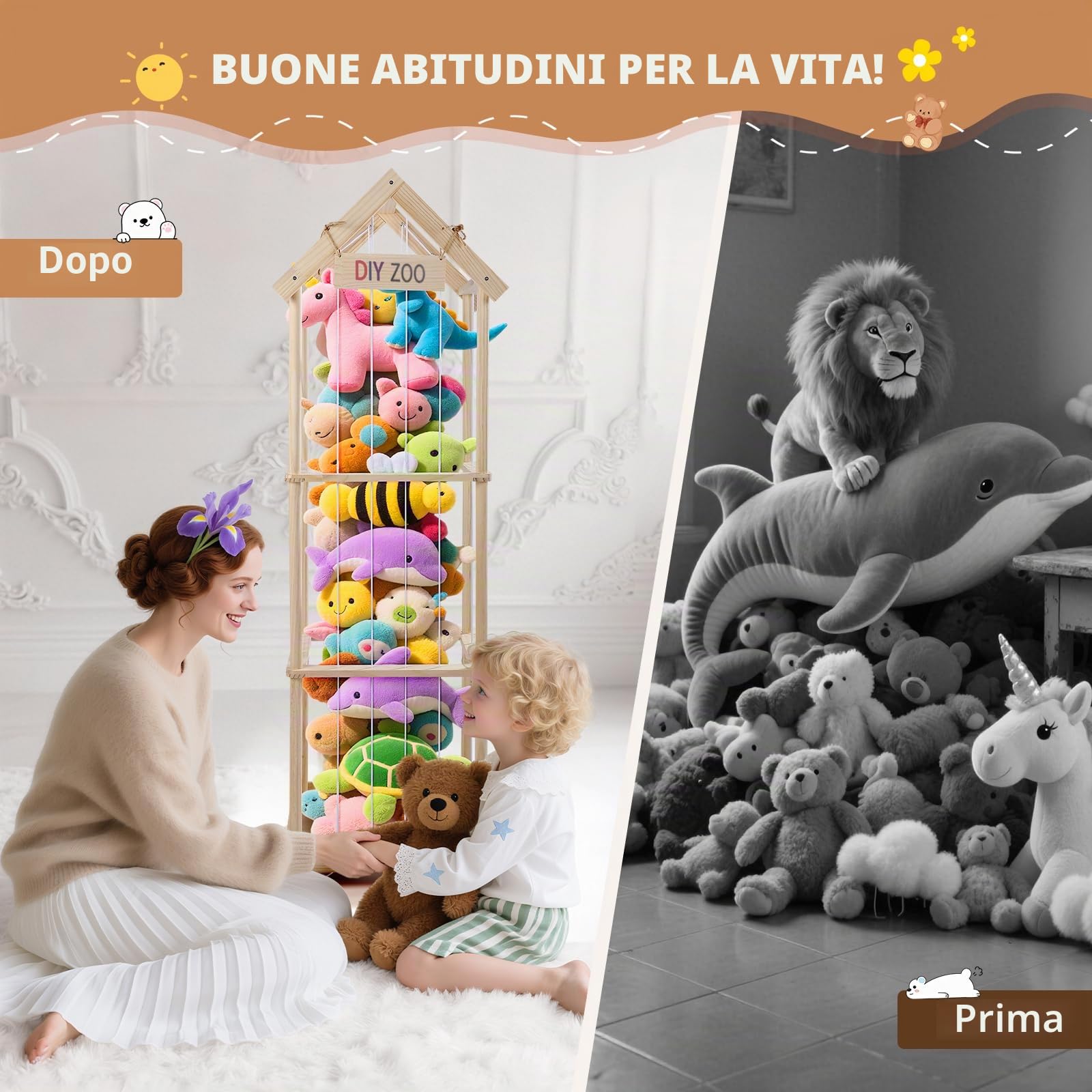 Sunowl Porta Peluche in Legno Massello, Portapeluche con Ruote Frenate a 360°,146 * 47 * 35cm, Conserva e Protegge i Peluche, per le Camere dei Bambini, le Sale Giochi, i Soggiorni, ecc.（Con tetto）