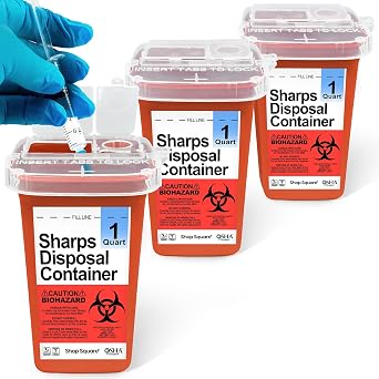 Sharps Containers for Home Use - 1 Quart 3-Pack Biohazard Syringe and Needle Disposal Containers - Small Sharps Box for Travel and Professional Use