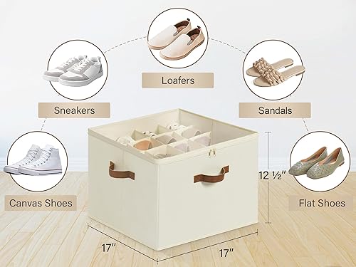 Miniatura 2 de StorageWorks Fabric Shoe Organizer for Closet, Shoe Storage Bins with Clear Cover and Fixed Dividers, Beige, 1-Pack
