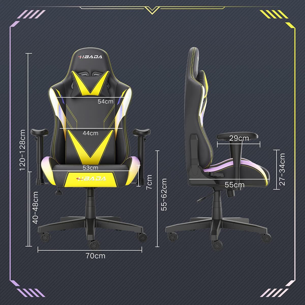 Diagram showing dimensions of the Hbada Gaming Chair