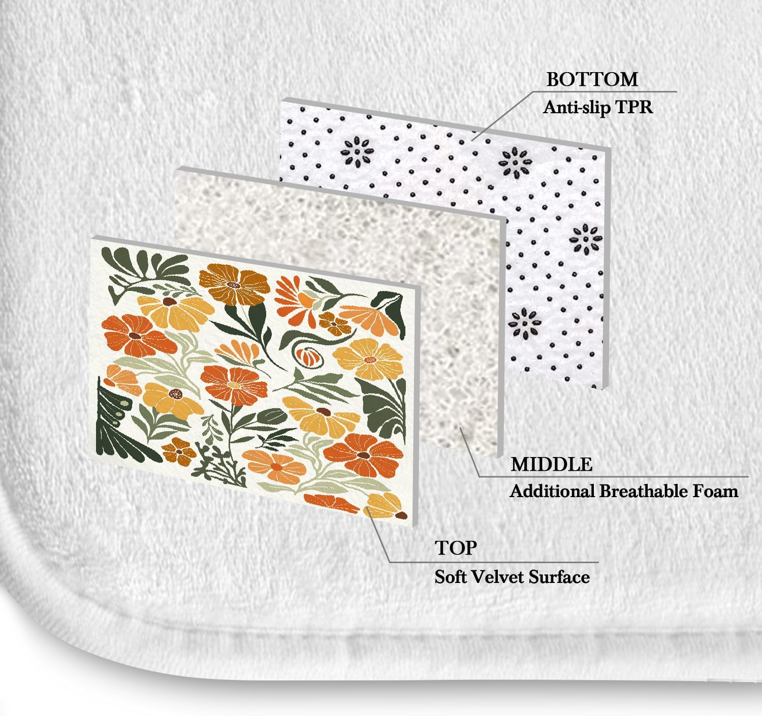 Boho Shower Curtain Sets 4PC Cute Abstract Floral Fun Orange Vintage Retro Rustic Farmhouse Country Funky Wildflower Bathroom Rugs and Accessories Bath Mat U Shape and Toilet Lid Cover Decor