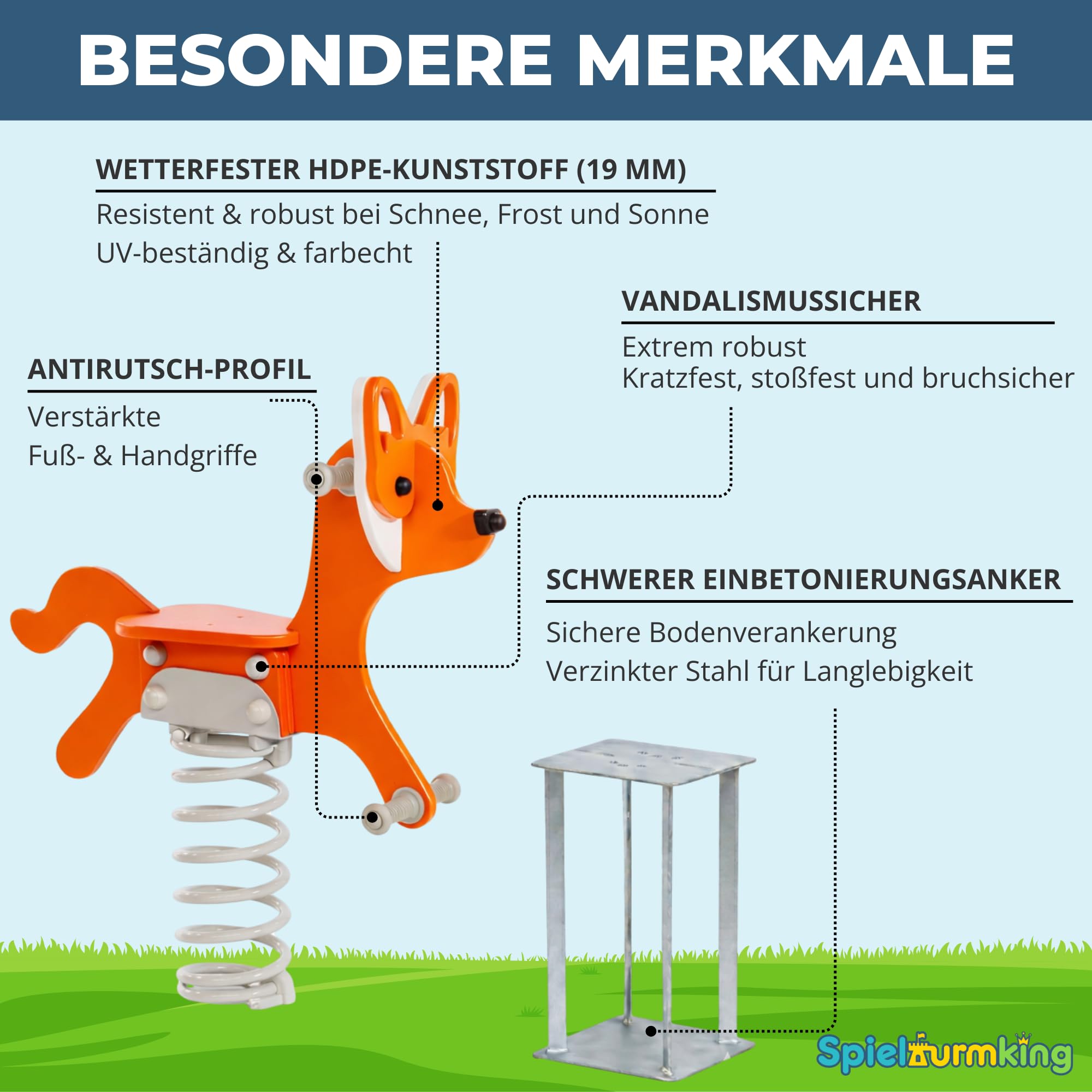Federwippe Fuchs Schaukelwippe DIN EN 1176 geprüftes Wipptier | für öffentliche Spielplätze, Kindergarten und Kommunen aus HDPE Kunststoff Federtier inkl Bodenanker