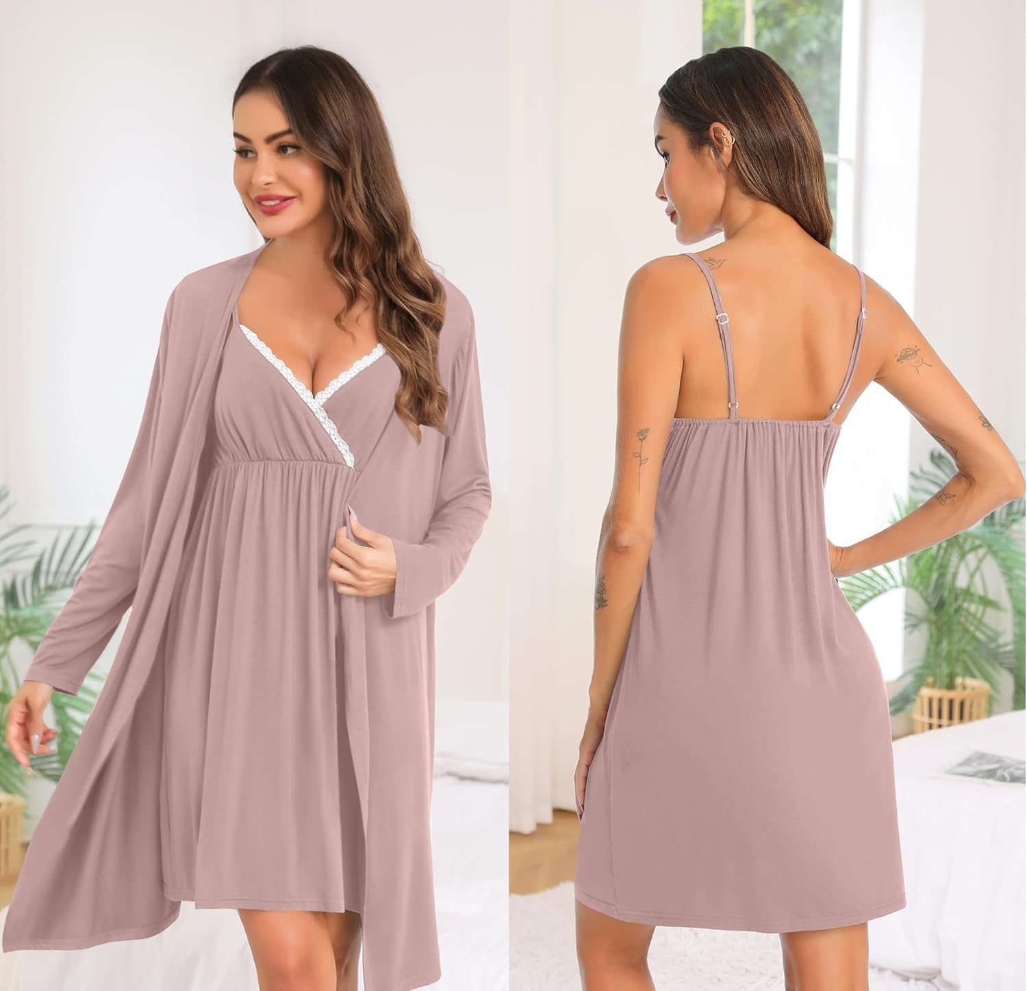 SWOMOG Womens Maternity Robe 2 Piece Nursing Nightgown for Breastfeeding 3 in 1 Labor Delivery Nursing Dress Lace Bathrobe - Image 6