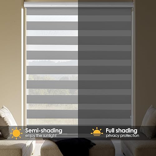 Miniatura 5 de Allbright Zebra - Persianas enrollables de doble capa para ventana, 45 pulgadas de ancho x 64 pulgadas de alto, color gris, persianas enrollables
