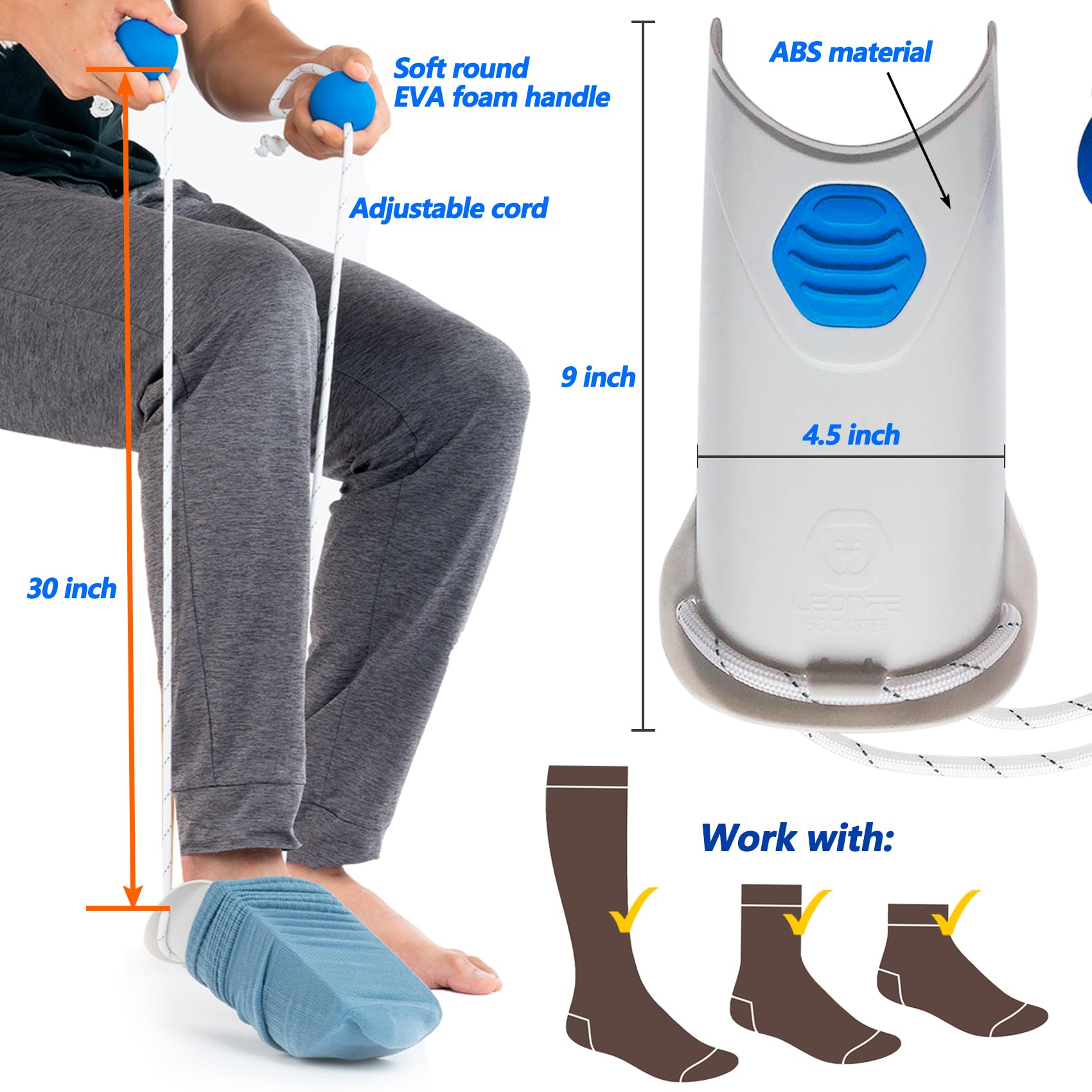 El extractor de calcetines Sockster ayuda ayudante para discapacitados, ancianos, embarazadas y lesiones deportivas, herramienta de asistencia para vestirse con asas redondas ergonómicas de espuma