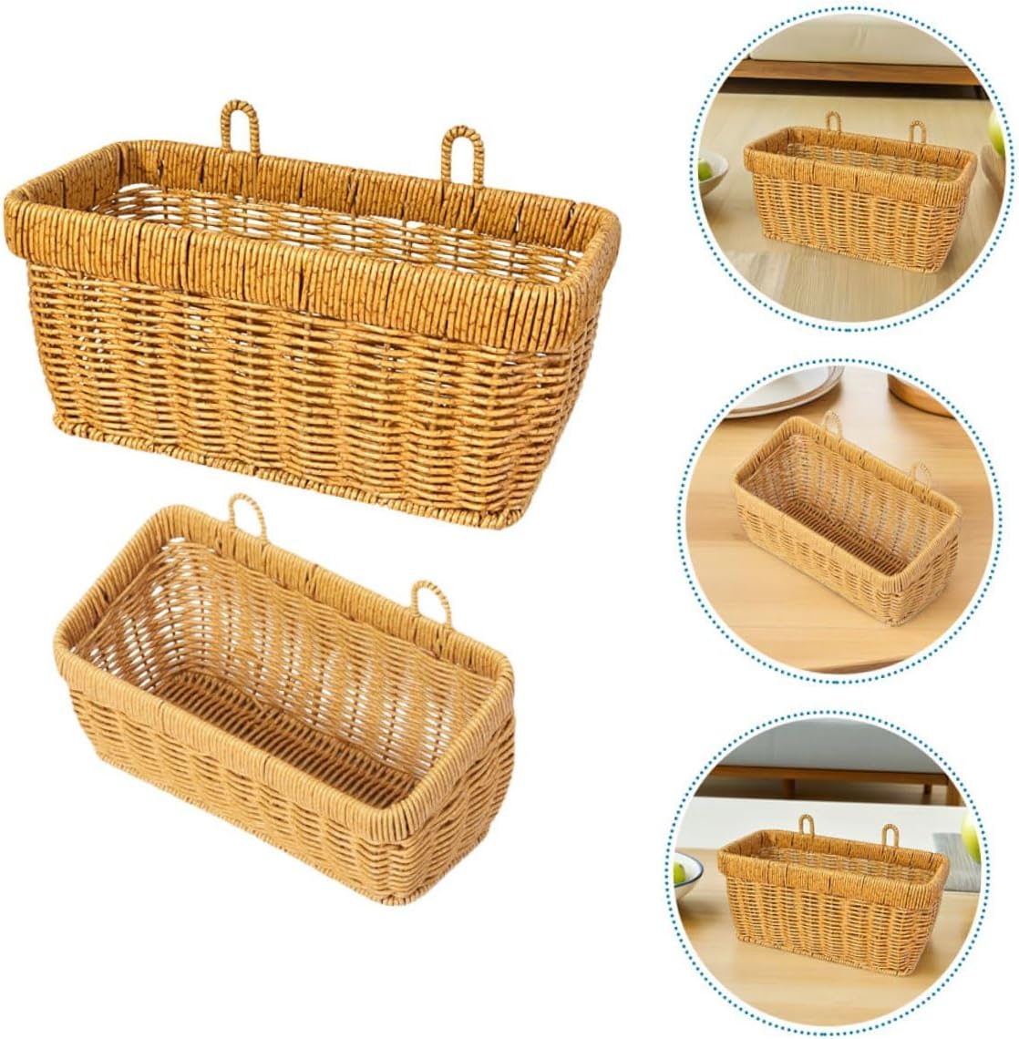 2pcs Kitchen Fruit Hanging Basket Set, Large Small Imitation Rattan Woven Wall Storage Bins for Vegetables, Ginger, Garlic, and Fruit Organizer, Space-saving Kitchen Wall Rack