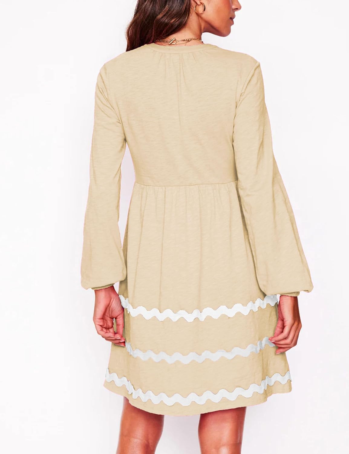 Womens Long Sleeve Tiered Dresses V Neck Loose Short Ruffle Patchwork Sundress with Pockets - Image 2