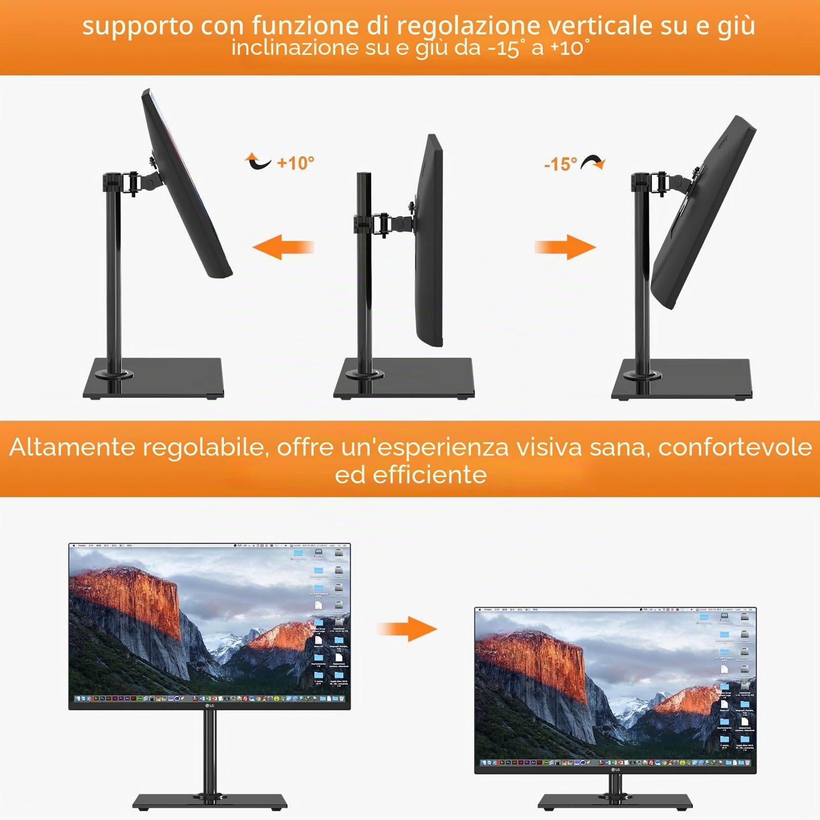 Pholiten Supporto per Monitor Singolo da Tavolo per Schermi PC da 13"-32", Autoportante Regolabile con Base in Vetro Temperato, Rotazione Inclinabile Girevole, Max VESA 100x100mm MLG7401