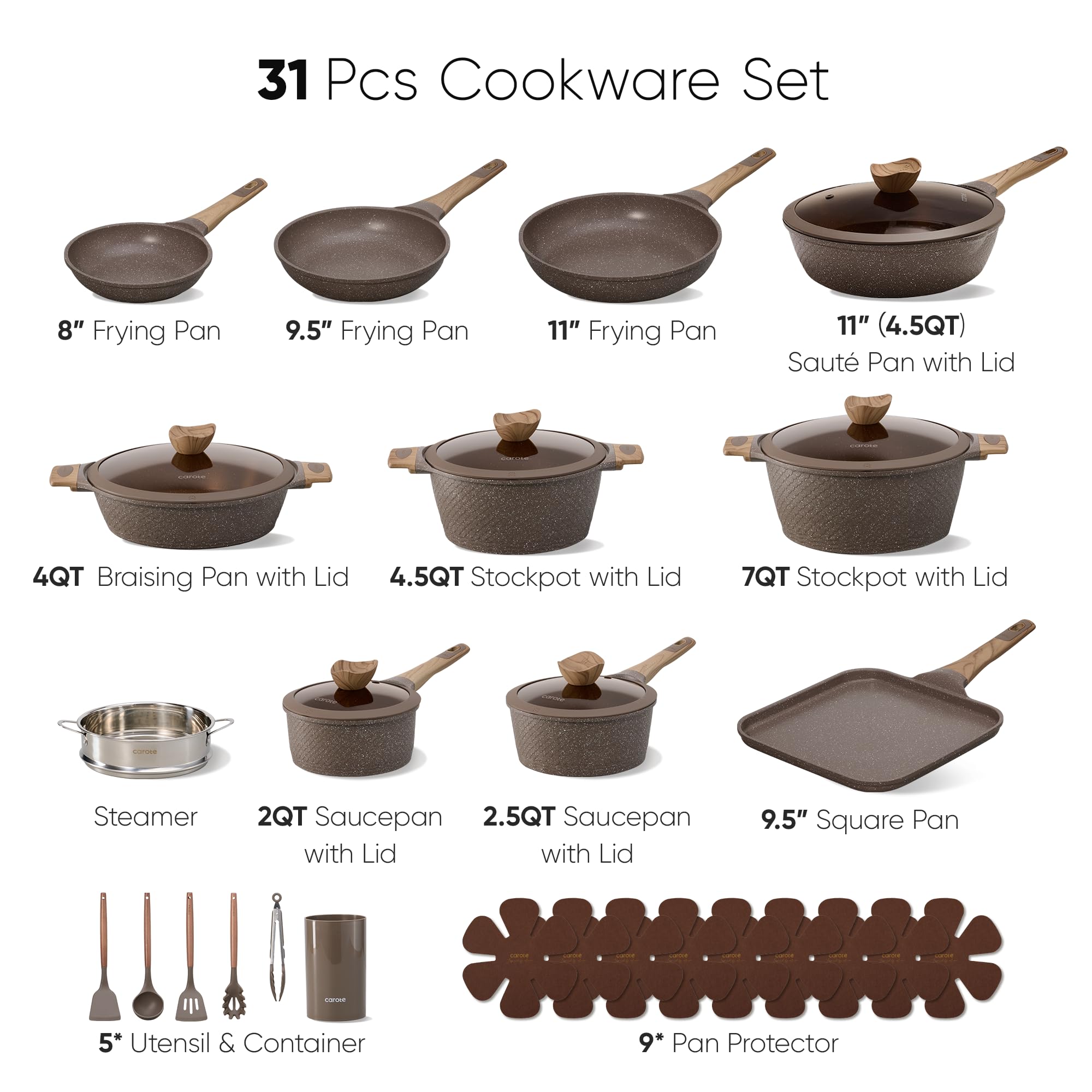 CAROTE 31pcs Nonstick Pots and Pans Set, Cookware Sets with Square Pan view 2
