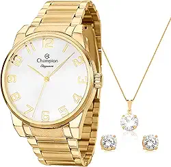 Relógio Feminino Dourado Champion Elegance CN27652W Prova D Agua + Colar e Brincos
