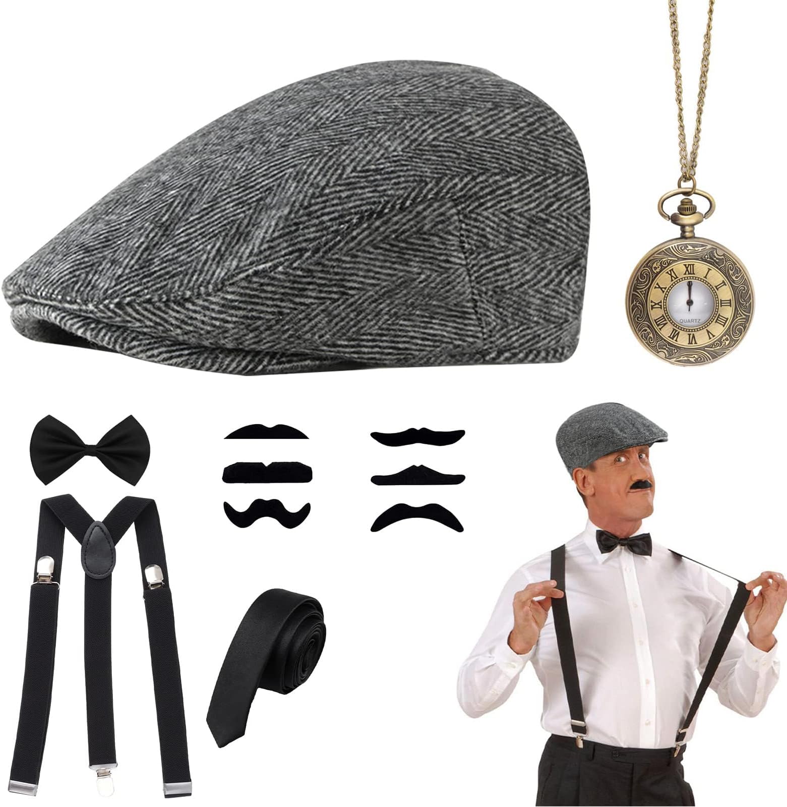 1920s Gatsby Costume for Men, Fancy Dress Accessories Set 5 Pieces 1920s Men Accessories Set Includings Beret Hat, Adjustable Elastic Suspenders, Bow Tie, Vintage Pocket Watch and Toy Handle