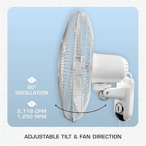 Miniatura 3 de Hurricane Classic Oscillating Wall Mount Fan w/ 3 Quite Speeds, White, 16" - Corded Electric Air Cooling Unit w/ Easy Pull Cord Controls for Home