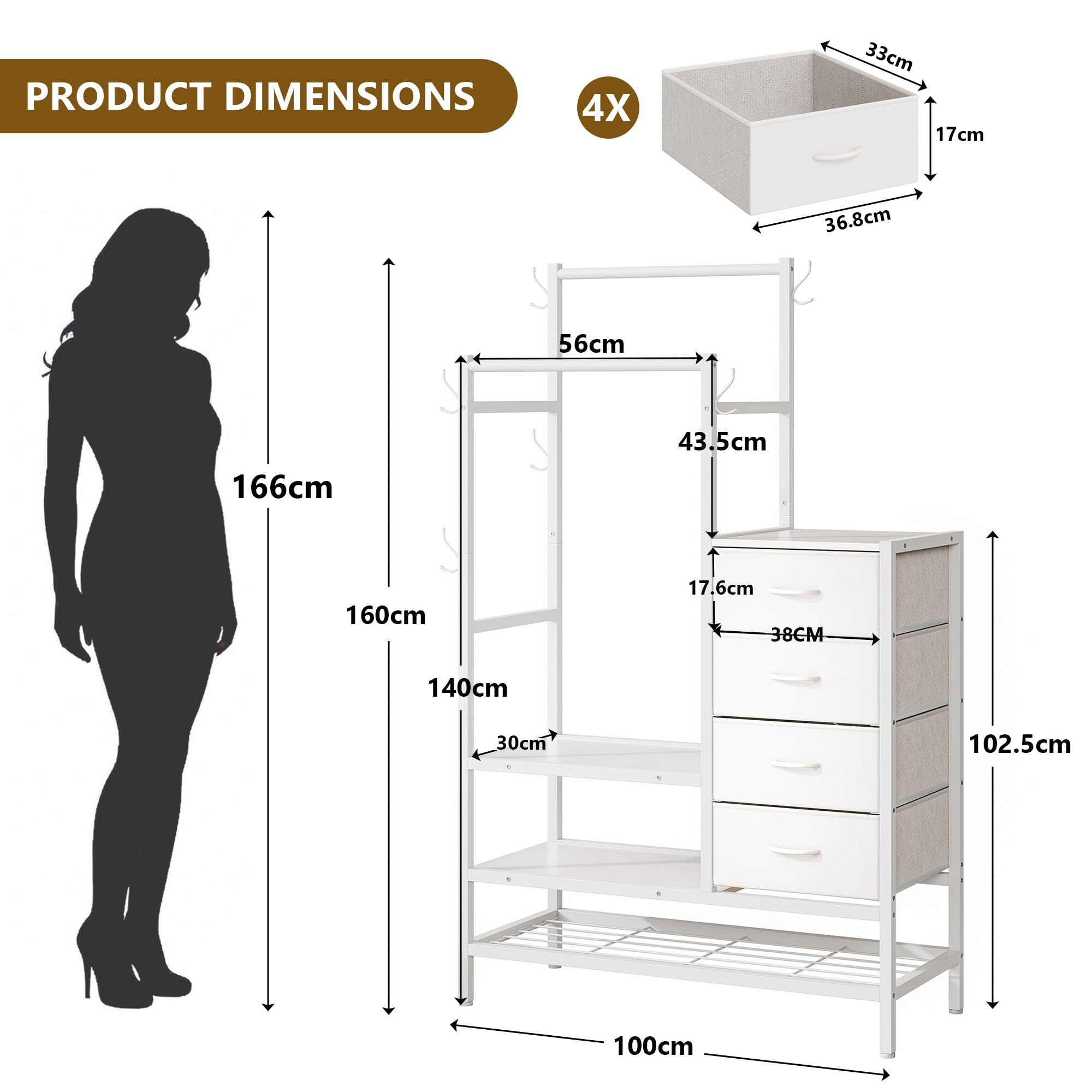 iPormis 3 in 1 Kommode Schlafzimmer, inklusive 4 Stoffschubladen, mit 2 Kleiderstange und 5 Kleiderhaken, das untere dreilagige Aufbewahrungsdesign kann Schuhe, Taschen, Kleidung und andere