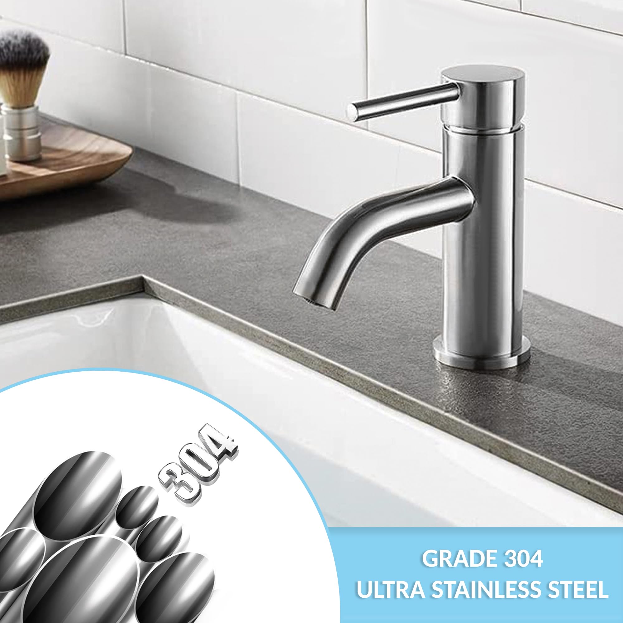 Rubinetto Lavabo Monocomando In Acciaio Inox - Con 2 Tubi Flessibili, Design Moderno Per Bagno - Foto 8