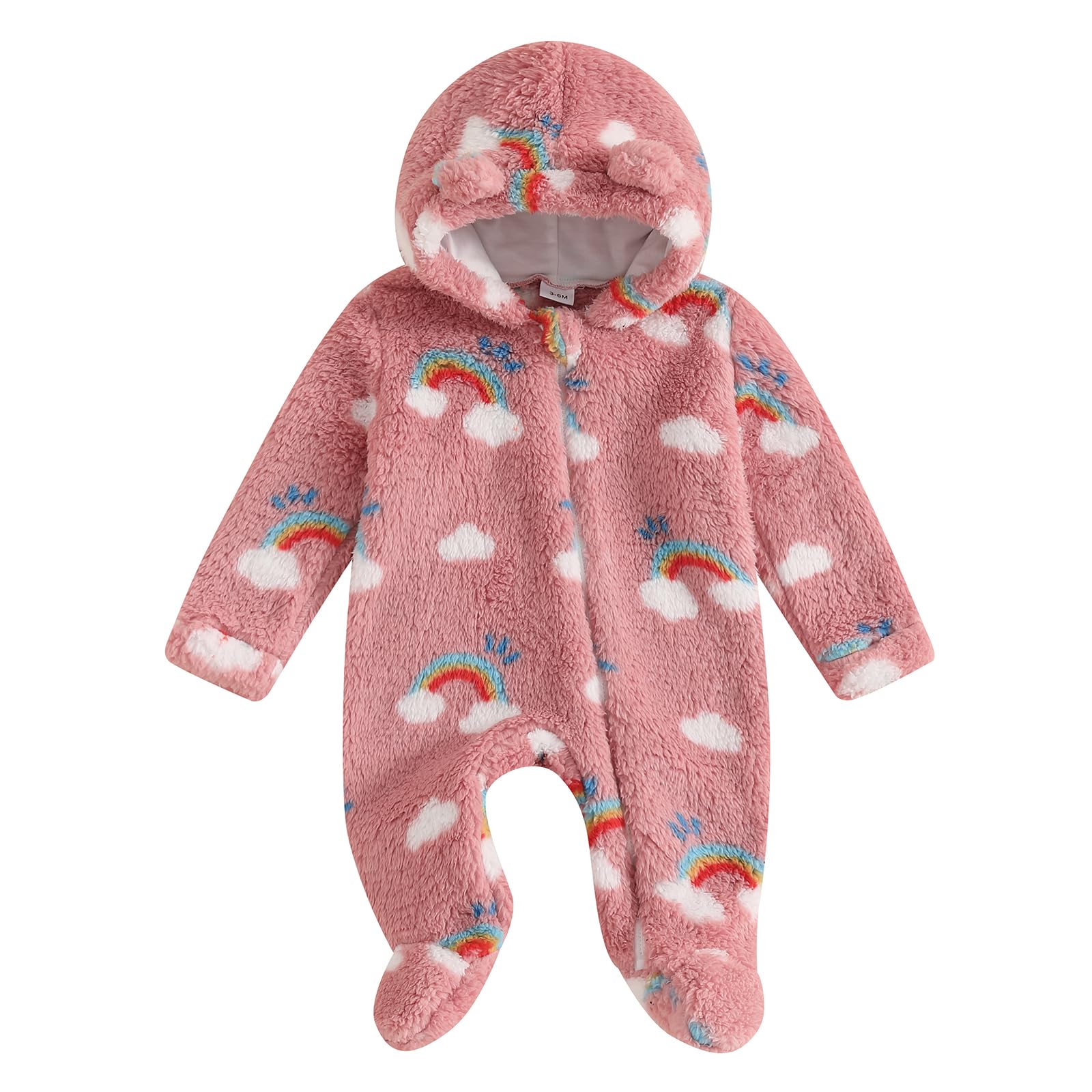 BULINGNA Newborn Baby Girl Fall Winter Coat Jumpsuit Long Sleeve Plaid Rainbow Pattern Fleece Footies Zip Up Hooded Outwear (Pink, 3-6 Months)