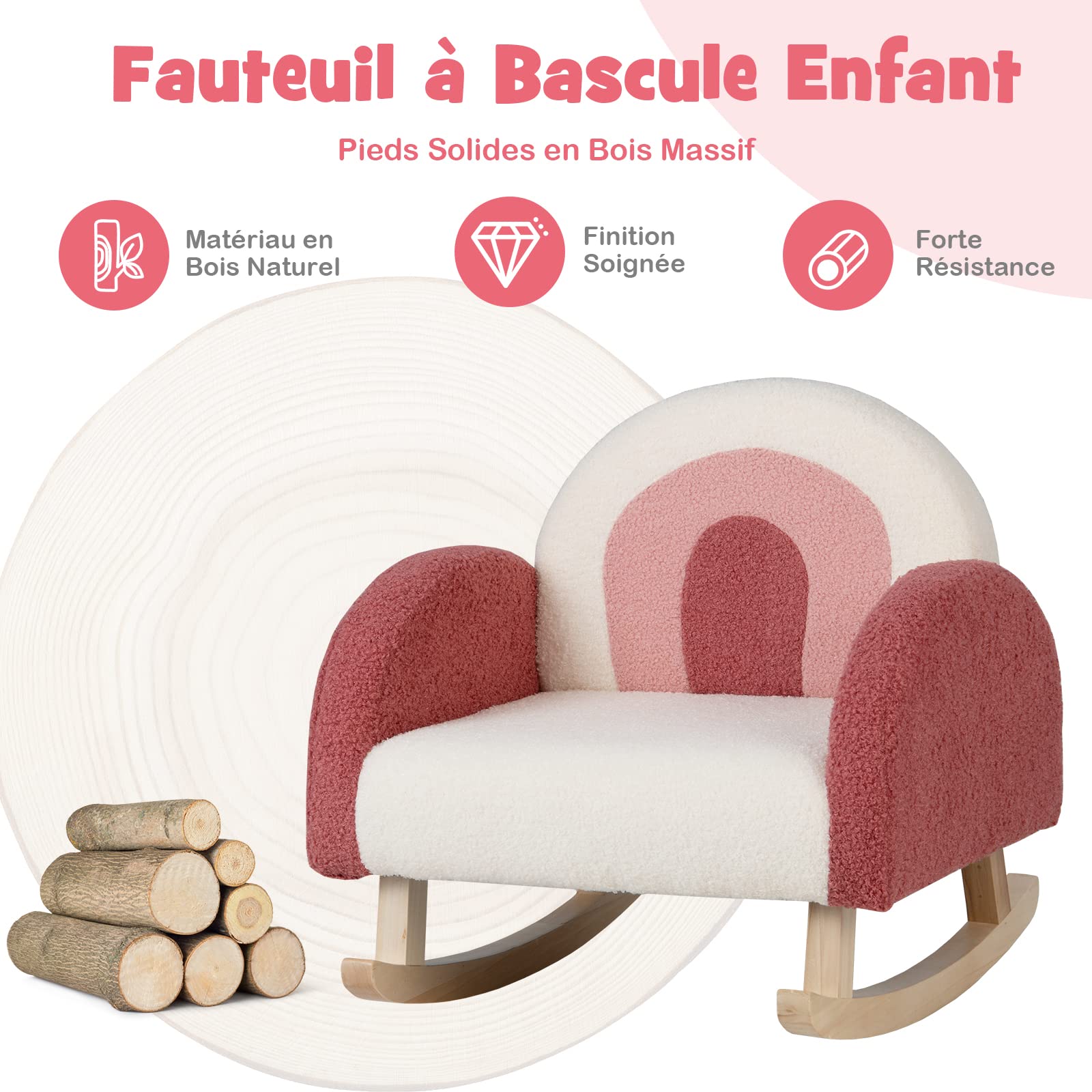DREAMADE Fauteuil à Bascule Rembourré Enfant 3-5 Ans, Canapé d'Appoint en Velours Teddy avec Dossier Élargi, Pieds en Bois Massif, Anti-basculement, pour Salle de Jeux, Chambre, Salon (Rouge)
