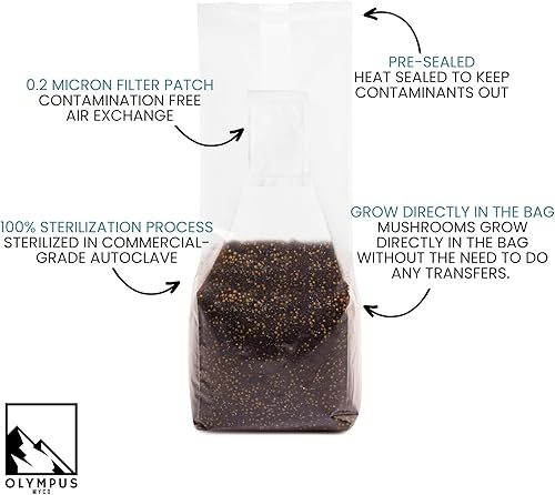 Miniatura 3 de Olympus Myco Bolsa de kit de cultivo de hongos todo en uno, grano esterilizado y sustrato de 3 libras, parche de filtro de 0.2 micrones, puerto de