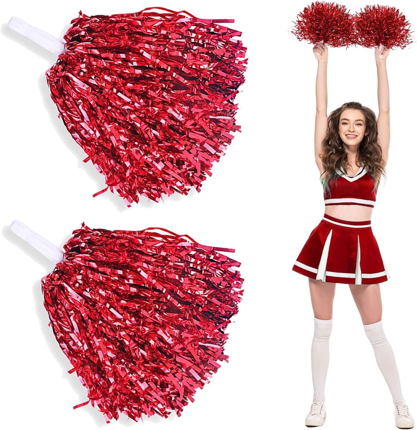 KOMUNJ Lot de 2 pompons de pom-pom girl avec poignée pour jeux de ballon, danse, fête (rouge)