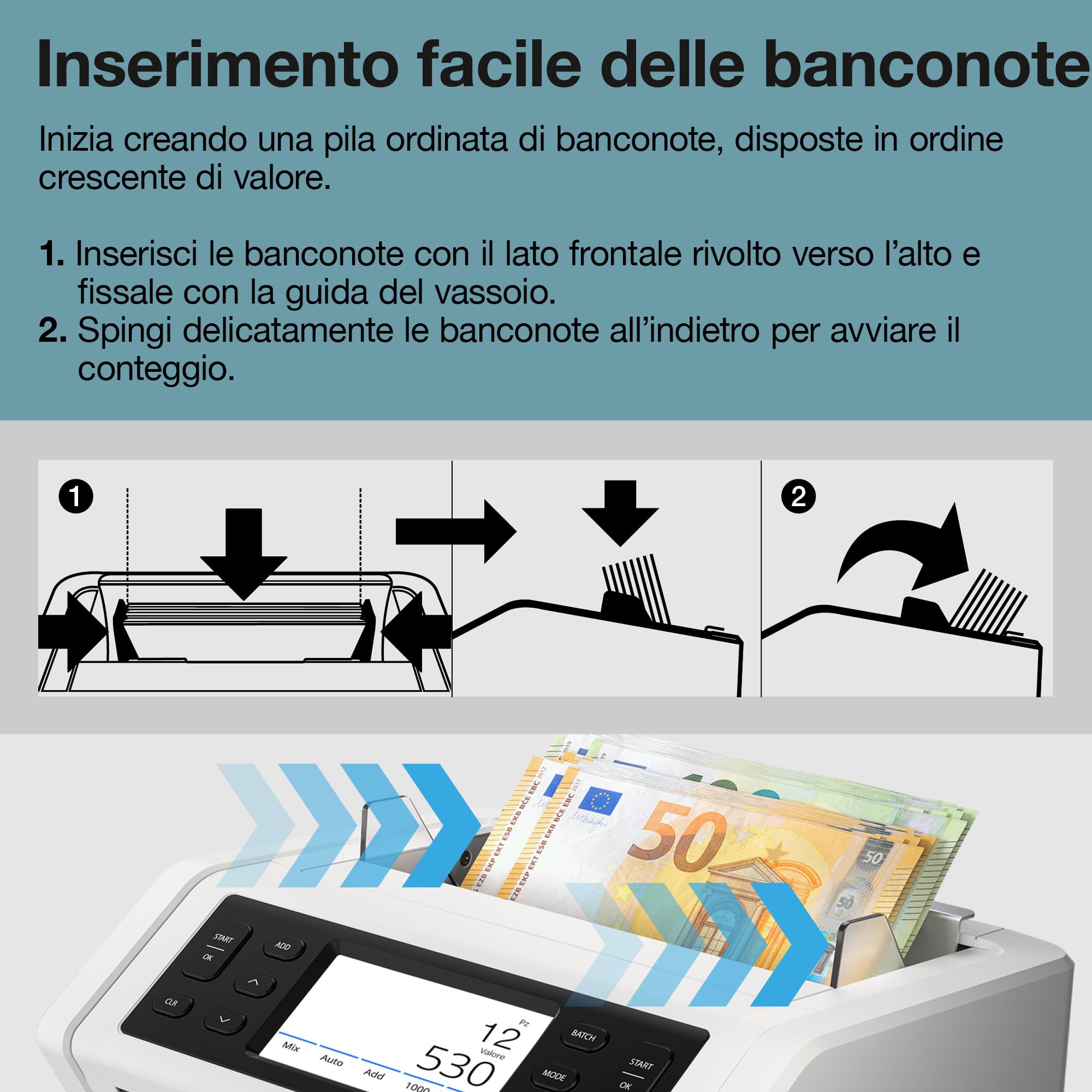 Safescan 2485-SC Contabanconote che conta il valore le banconote miste - Conta banconote con rilevatore di banconote falso a 8 punti - Macchina conta banconote con l'app gratuita Safescan | Contasoldi con l'app gratuita Safescan