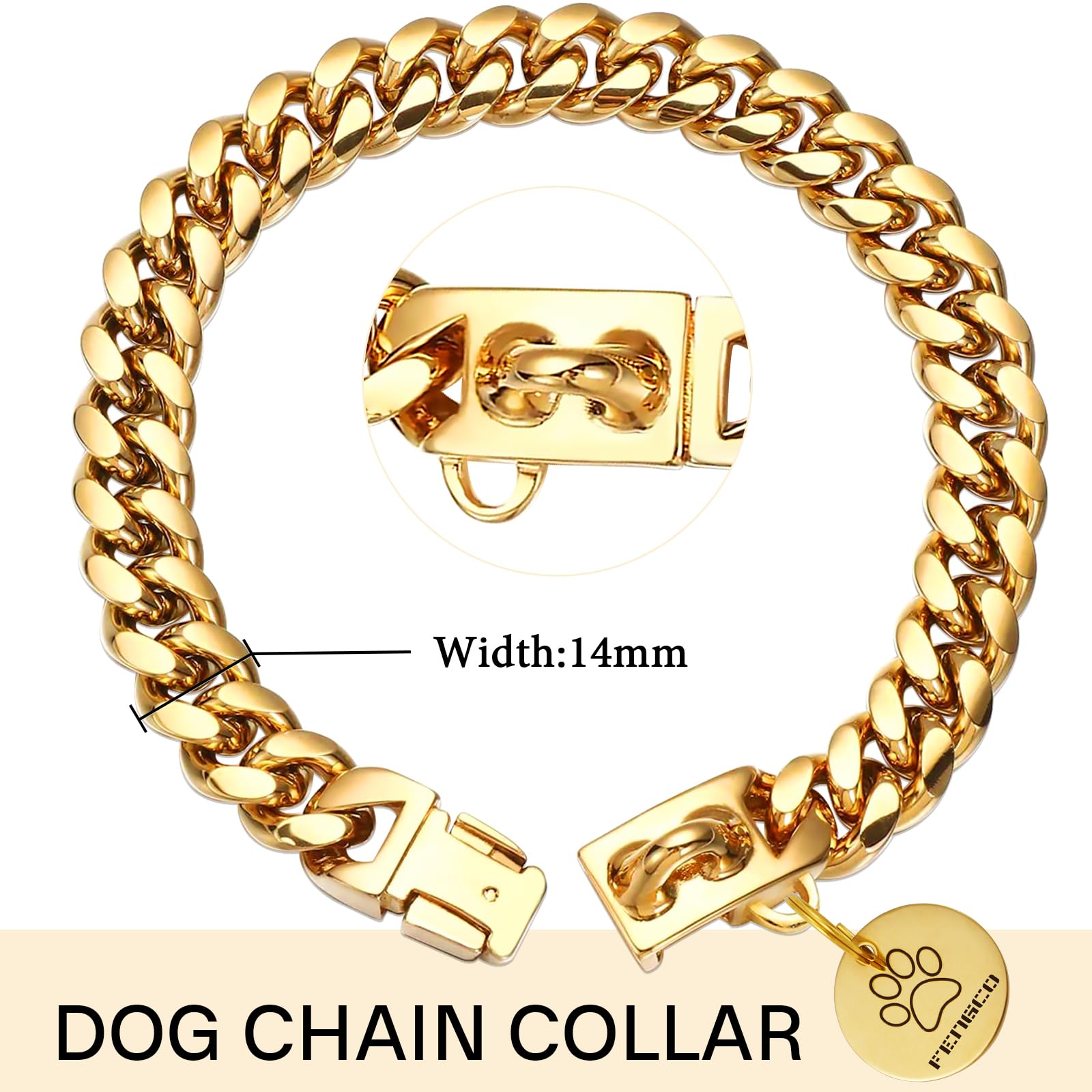 Gold Dog Chain Collar with Dog Tag Pendent Metal Chain Collar Necklace18K Gold Plated Stainless Steel Pet Cuban Links Collars for Dogs(14inch) - Image 4