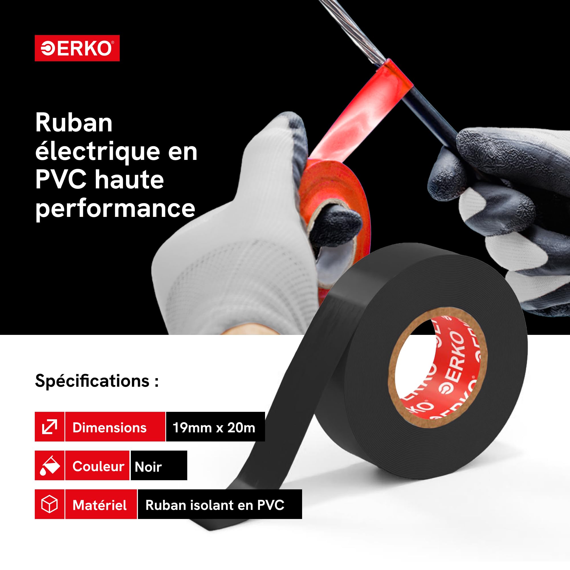 ERKO Ruban adhésif isolant électrique Noir 19mm x 20m PVC