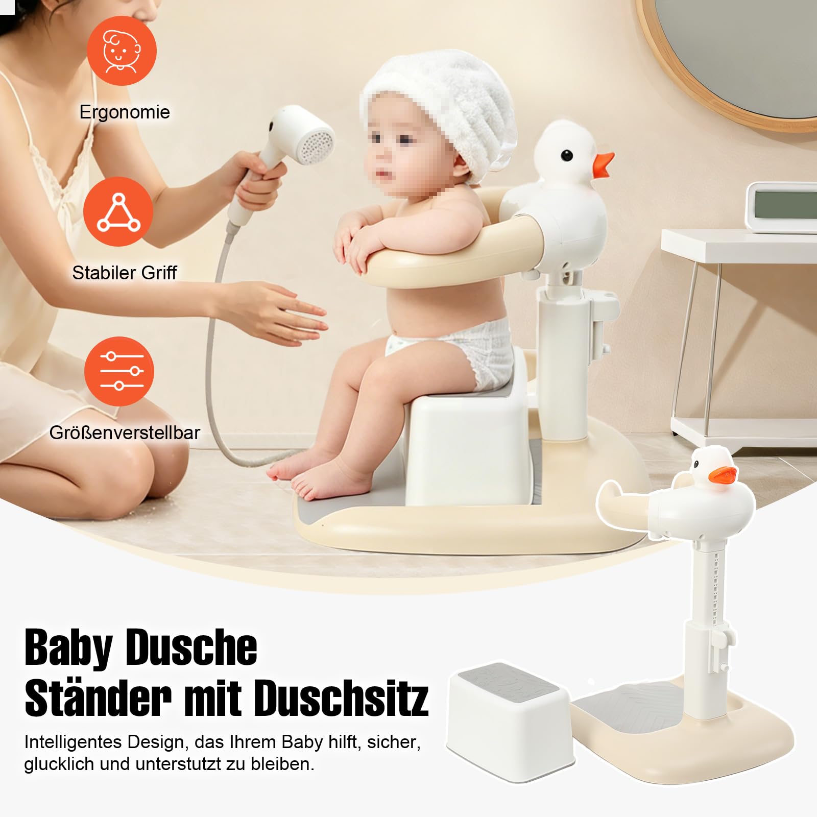 Baby Dusche Ständer, Einstellbarer Badewannenständer mit Duschsitz & AntiRutsch-Basis, Tragbarer Baby Badewanne Stand für das Lauftraining, Baby Duschhilfe für 6–36 Monate