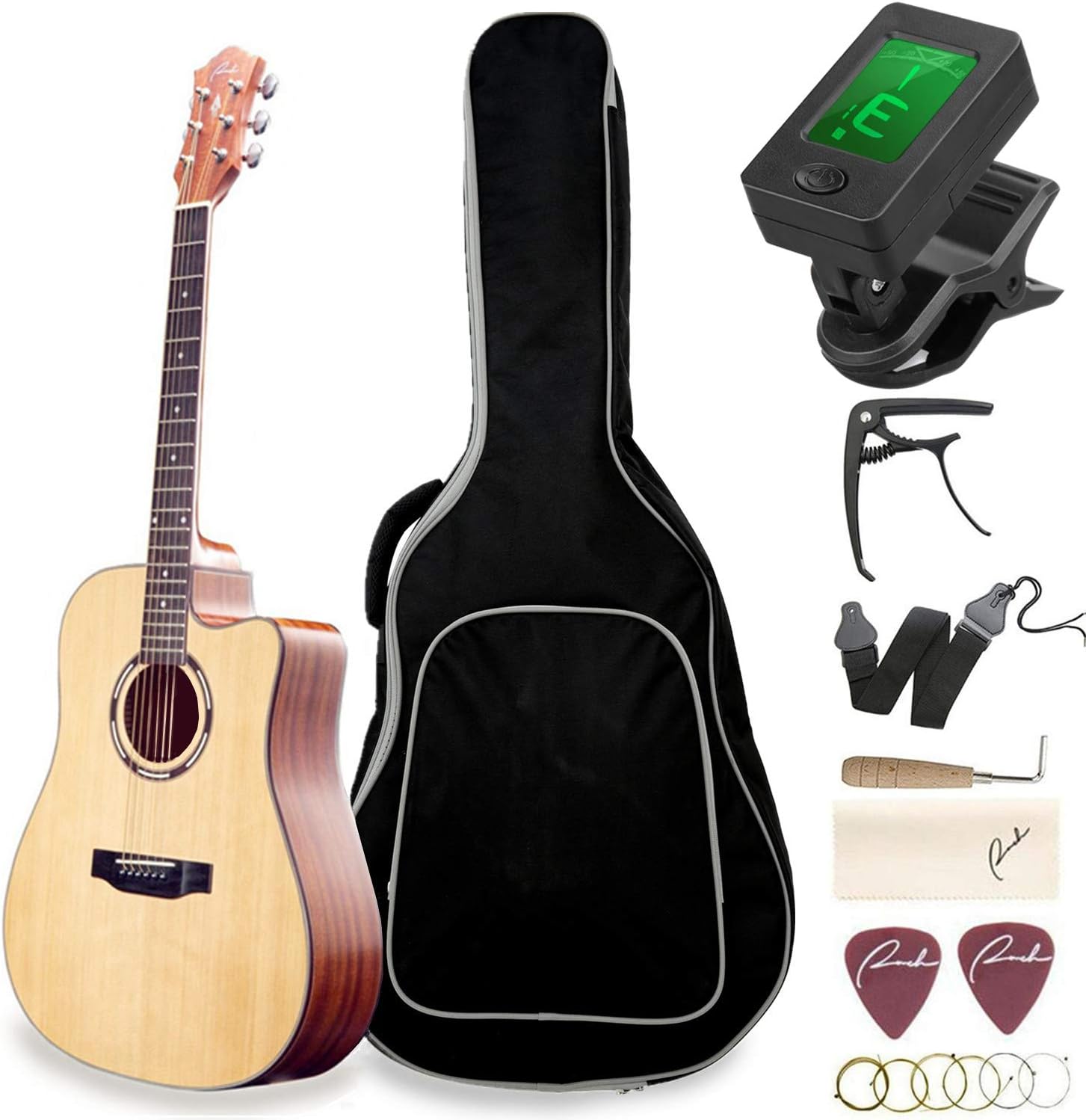 Beginner Acoustic Guitar Ranch 41" Full Size Solid Wood Cutaway Beginners Steel String Guitars Kit Bundle with Gig Bag/Tuner/Capo/Strings/Strap/Picks Set Starter Guitar Pack for Adults (Dreadnought)