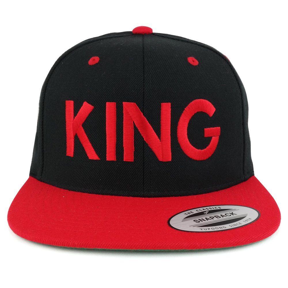 King Two Tone Embroidered Flat Bill Snapback Cap - Black Red