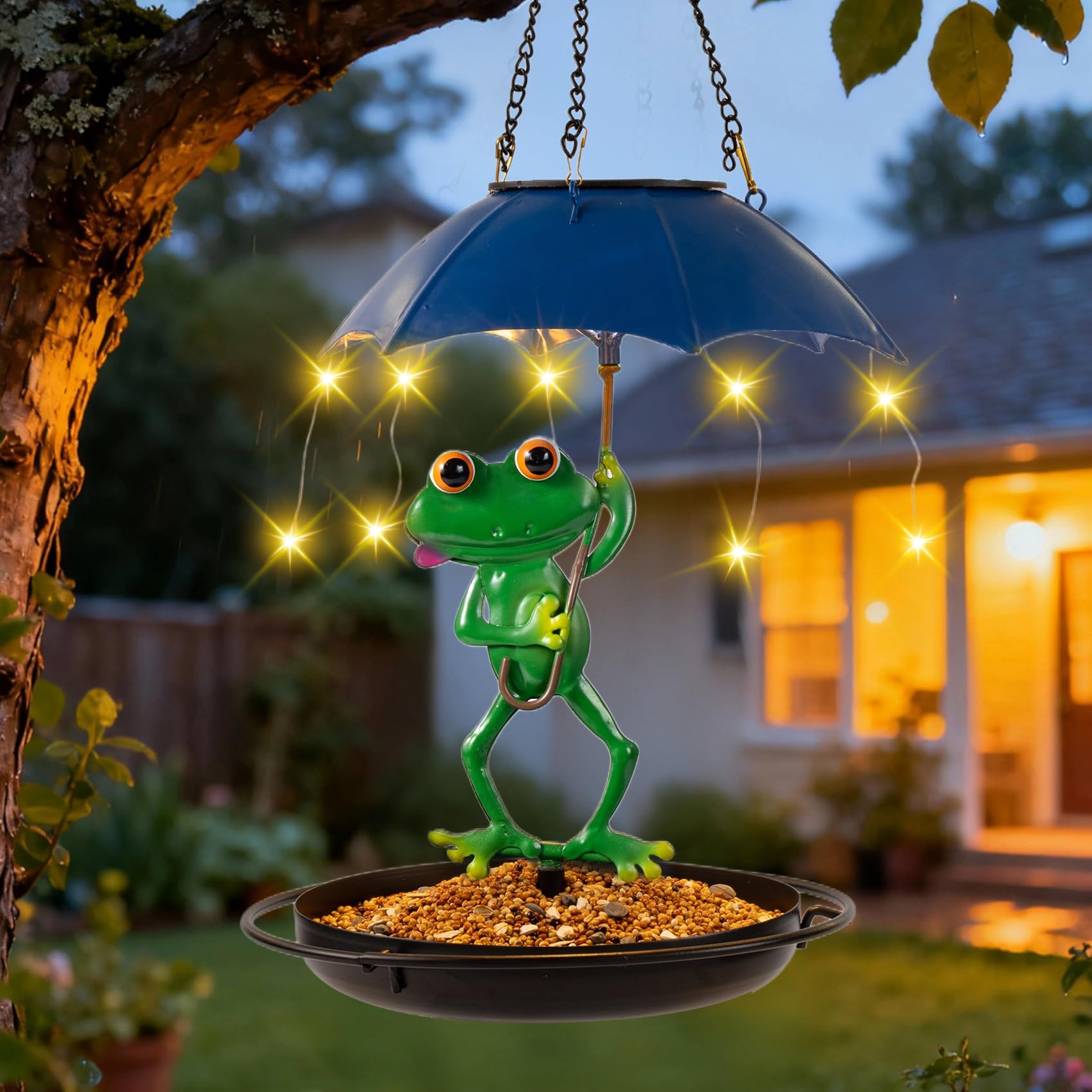 Mangiatoia solare per uccelli per esterni, decorazione da giardino da appendere, statuetta in metallo per esterni, con luci solari per colibrì, mangiatoia impermeabile per uccelli selvatici, regalo da