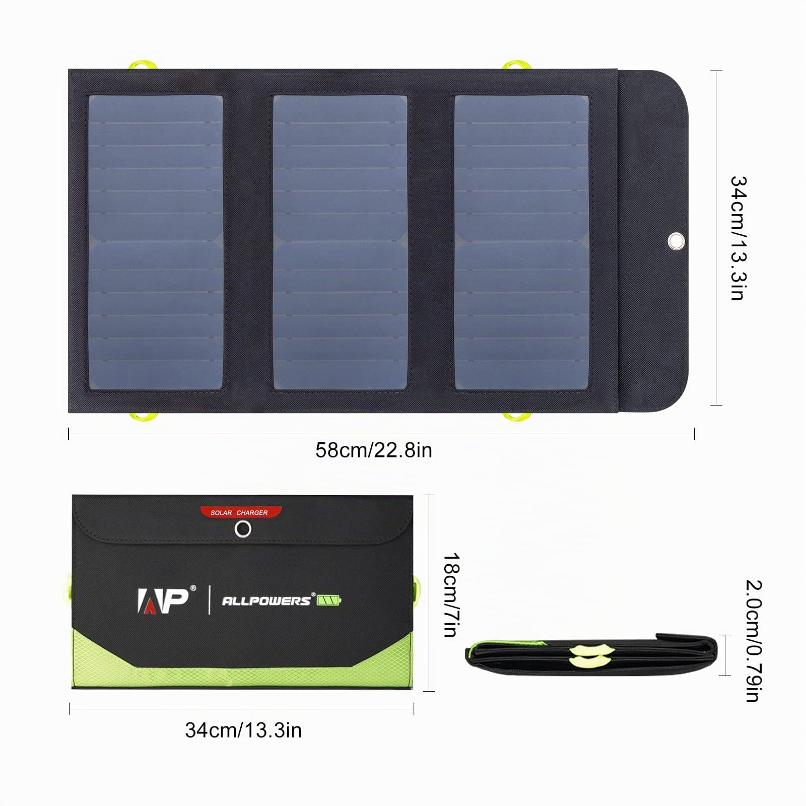 ALLPOWERS 5V 21W Pannello Solare, Caricatore Solare Portatile, 3 Uscite USB e 2 Entrate USB Pannello Solare Pieghevole Impermeabile, PD 18W Ricarica Rapida per Smartphone, Tablet, Outdoor, Campeggio
