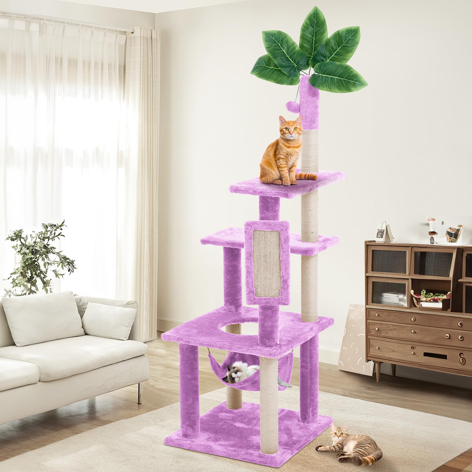 61" Large Cat Tree Tower for Indoor Cats with DIY Green Leaves Scratching Post Multi Soft Hang Ball Plush Cat House Furniture 360° Rotating Cat Scratch Board with Hammock, Square Purple