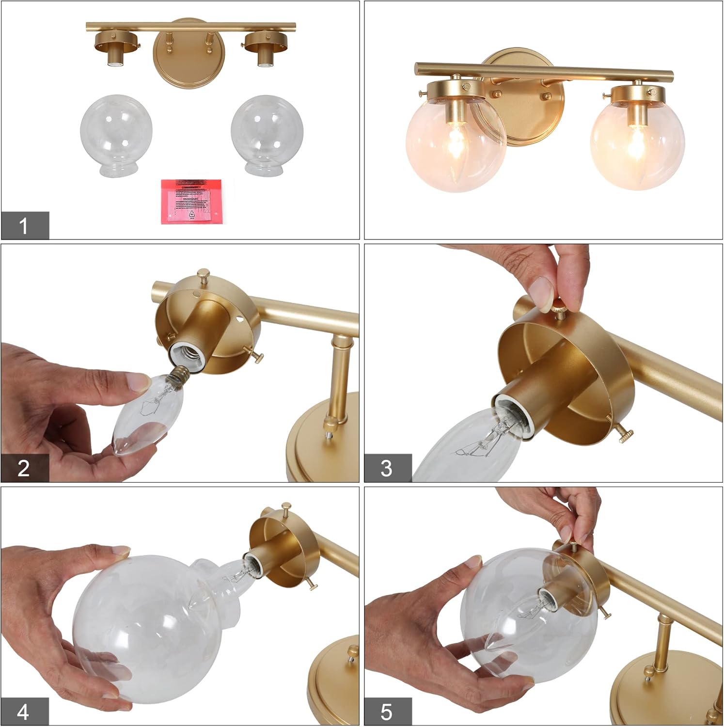 KSANA Bathroom Light Fixtures, 2-Light Gold Vanity Lights with Clear Globe Glass, Gold Bathroom Lights Over Mirror, 14" L x 6.5" W x 8" H