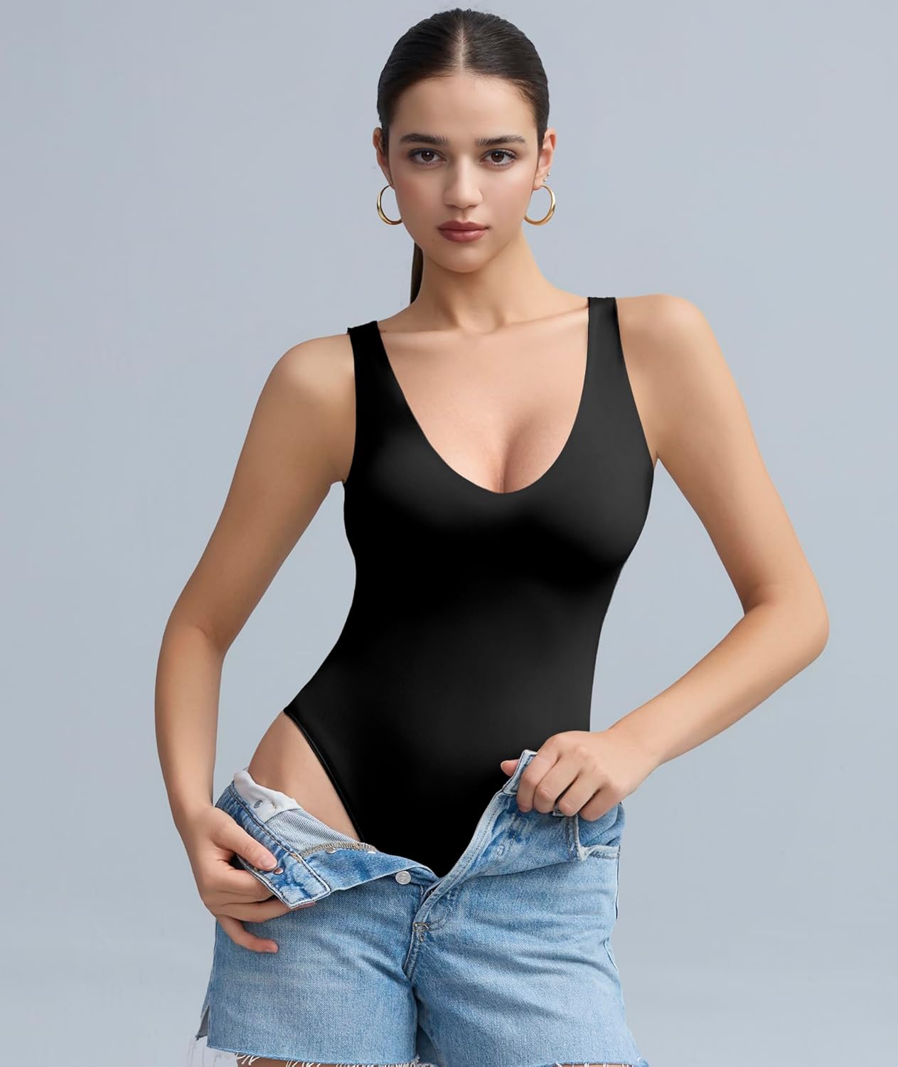 Women's Double-Lined Deep V Neck Bodysuit - Backless Sexy Sleeveless Thong Body Suits Tank Tops (Non-See Through) - Image 3