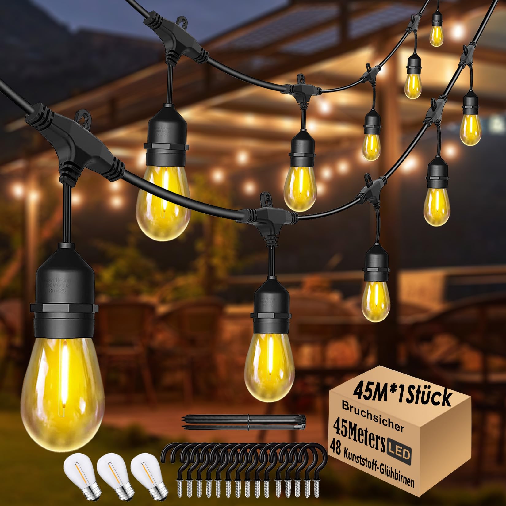 45M LED Lichterkette Außen,E27 Lichterkette Wasserdicht IP65 mit 48 Lampen | S14 Stromlichterkette außen mit 5,4 m langem Stromkabel,2700K Warmweiß für Garten Terrasse Hochzeiten [Energieklasse G]
