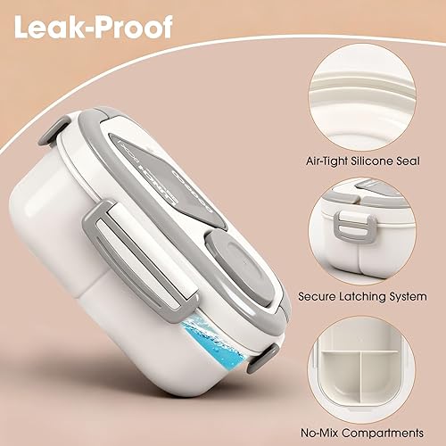 Miniatura 3 de Lonchera Bento todo en uno para adultos y niños con bolsa aislada, 3 compartimentos a prueba de fugas y recipiente apilable de 2 niveles con salsa