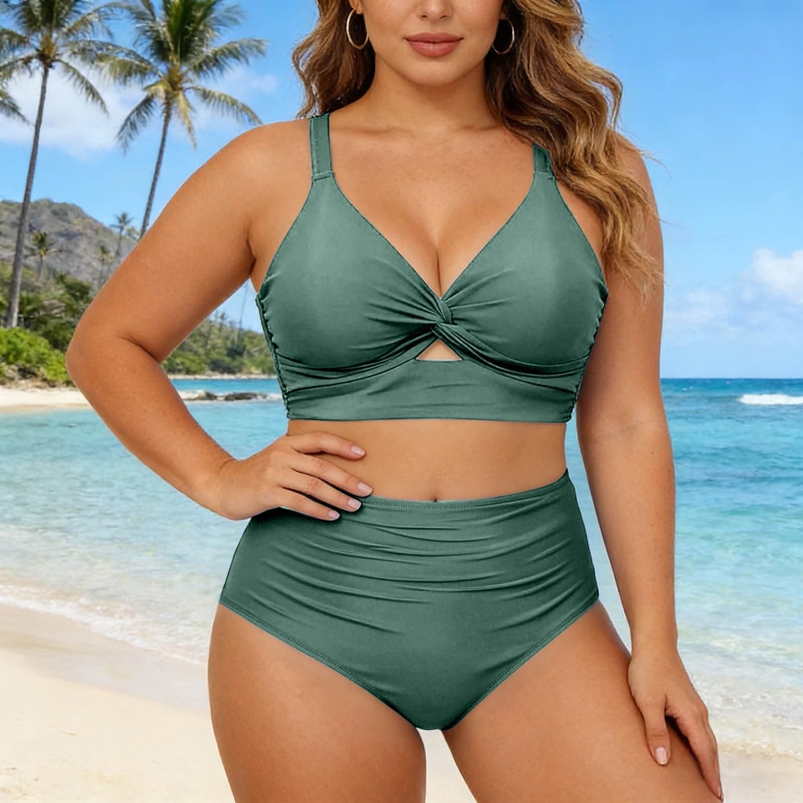 Bikini de dos piezas de talla grande con braguitas de corte alto con aros en la parte superior, azul, L