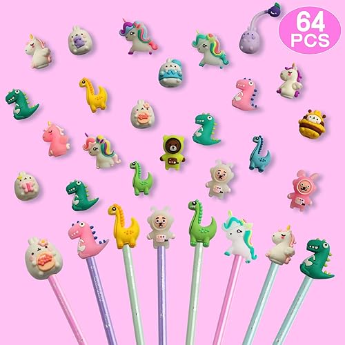 Miniatura 2 de LOFIR 60 piezas de adornos para lápices de animales decoración de lápiz de dinosaurio premios de aula para oficina niños suministros para
