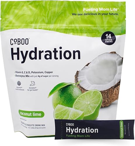 CoBoo Mezcla de hidratación para mamás  20 cales, 0.18 onzas de azúcar, electrolitos, vitaminas, minerales marinos, gran sabor  14 varillas, sin