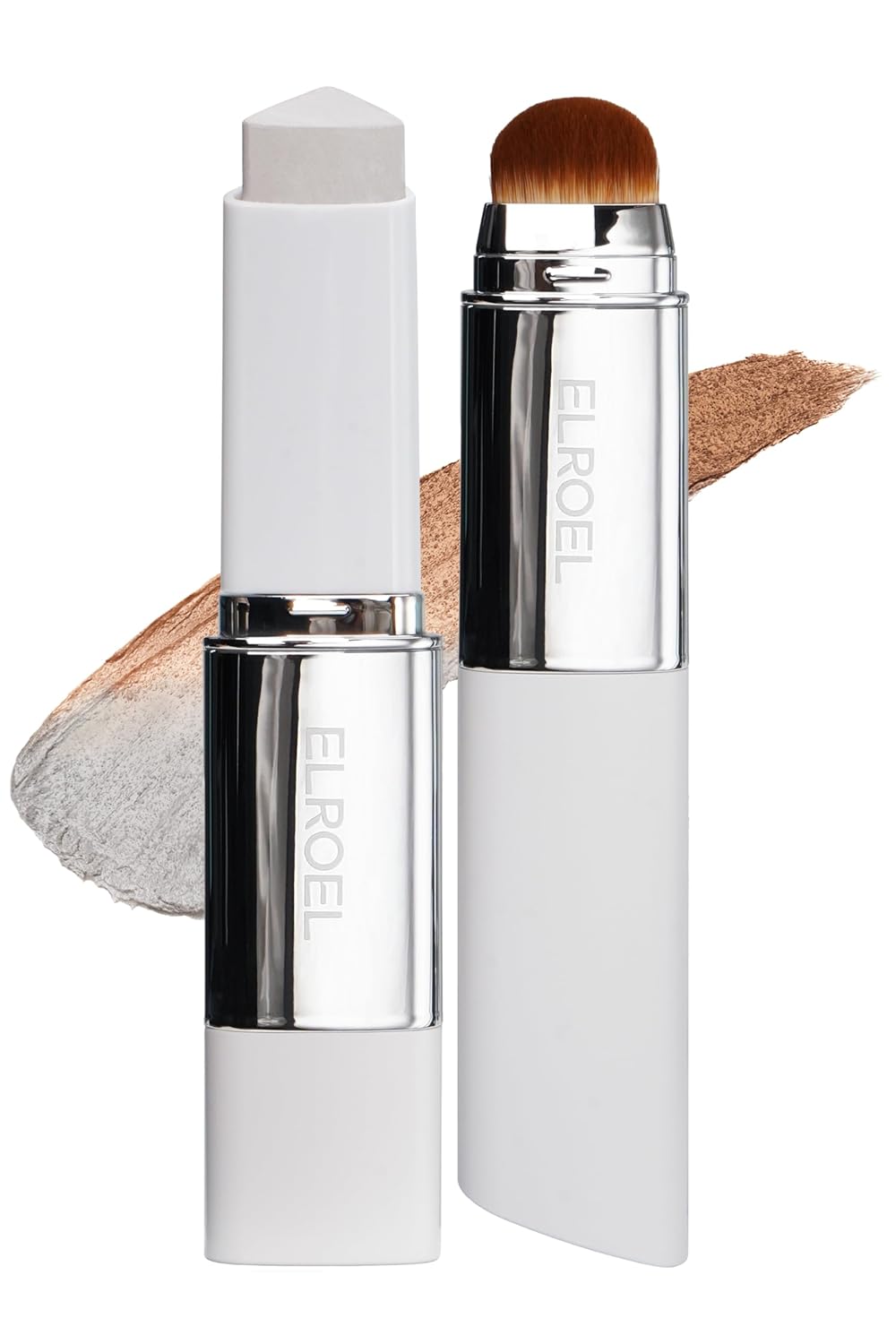 ELROEL Blanc Cover Cream Stick V White - Korean Color-Changing Foundation Stick with Volufiline - Medium to Full Coverage Dewy Finish Base Makeup - Dual-Ended with Detachable Brush (204 Tan)