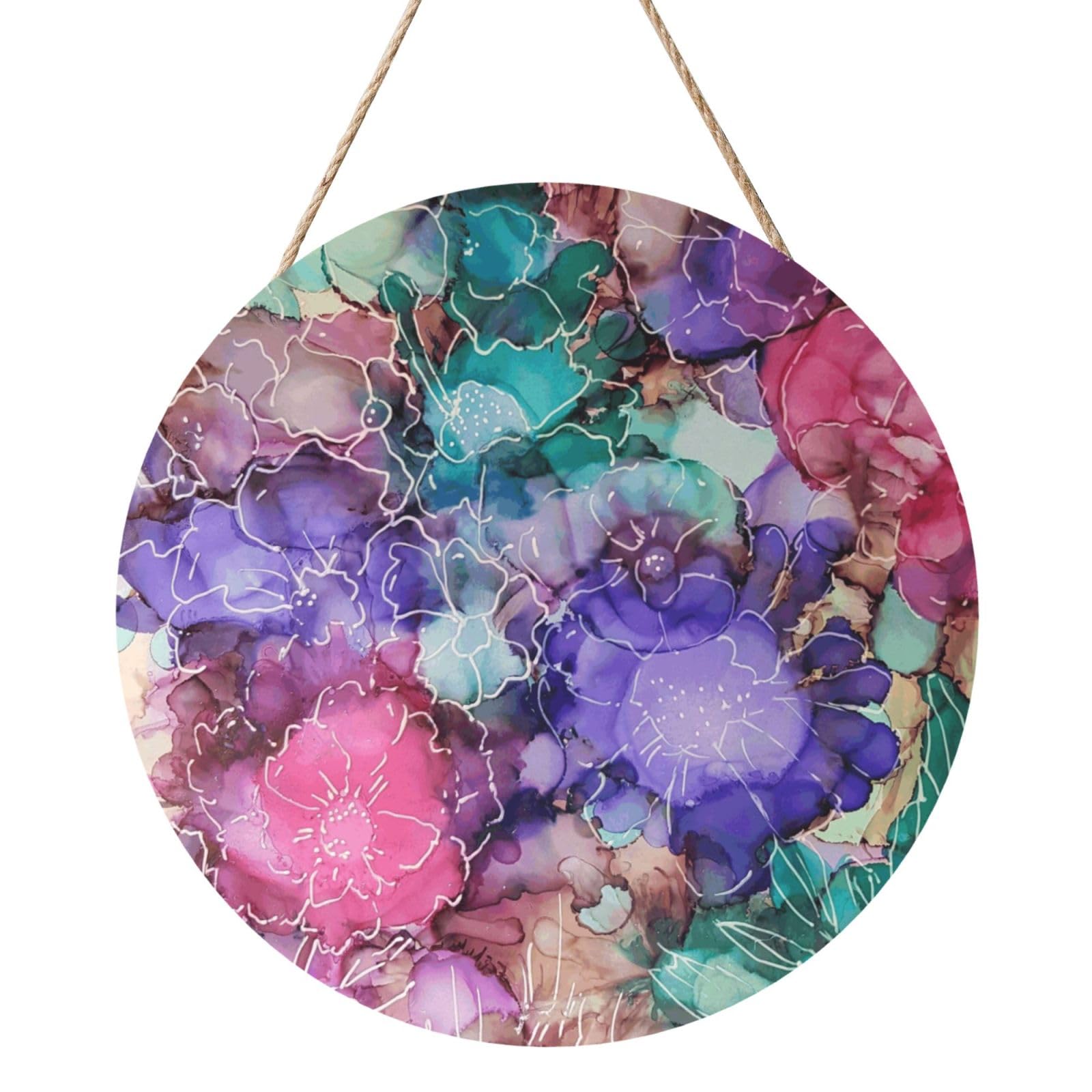 InOmak Tie Dye Flowers, Round Wood Panel Painting 12 in, Wall Hanging Painting For Home