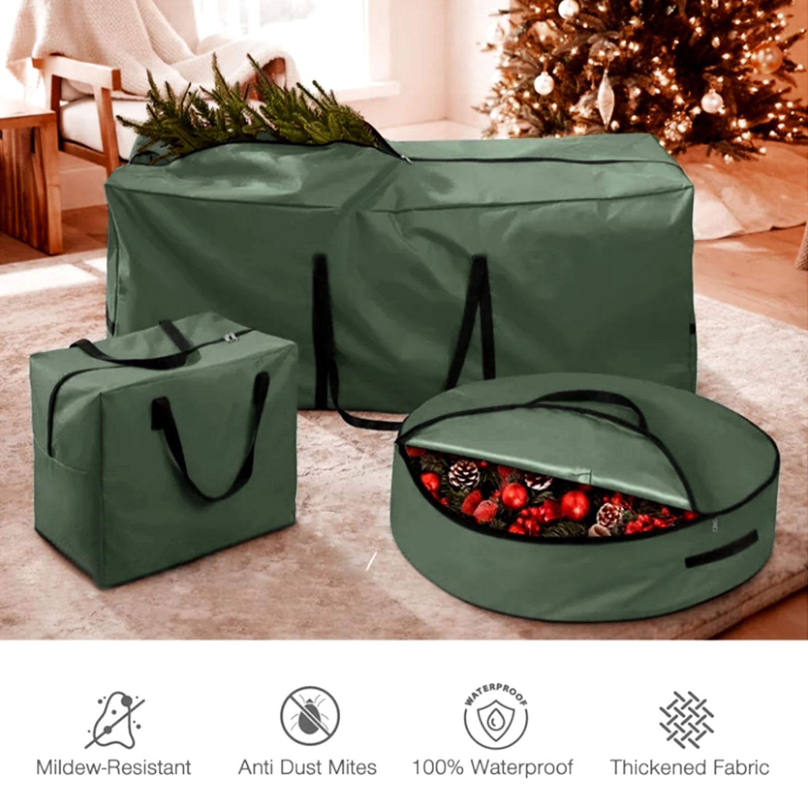 Jiawu Set di Borse Portaoggetti per Albero di Natale Resistenti All'acqua e Alla Polvere Custodie Portaoggetti Natalizie in Tessuto Oxford Facili da Pulire per un Ambiente Festivo (GREEN)