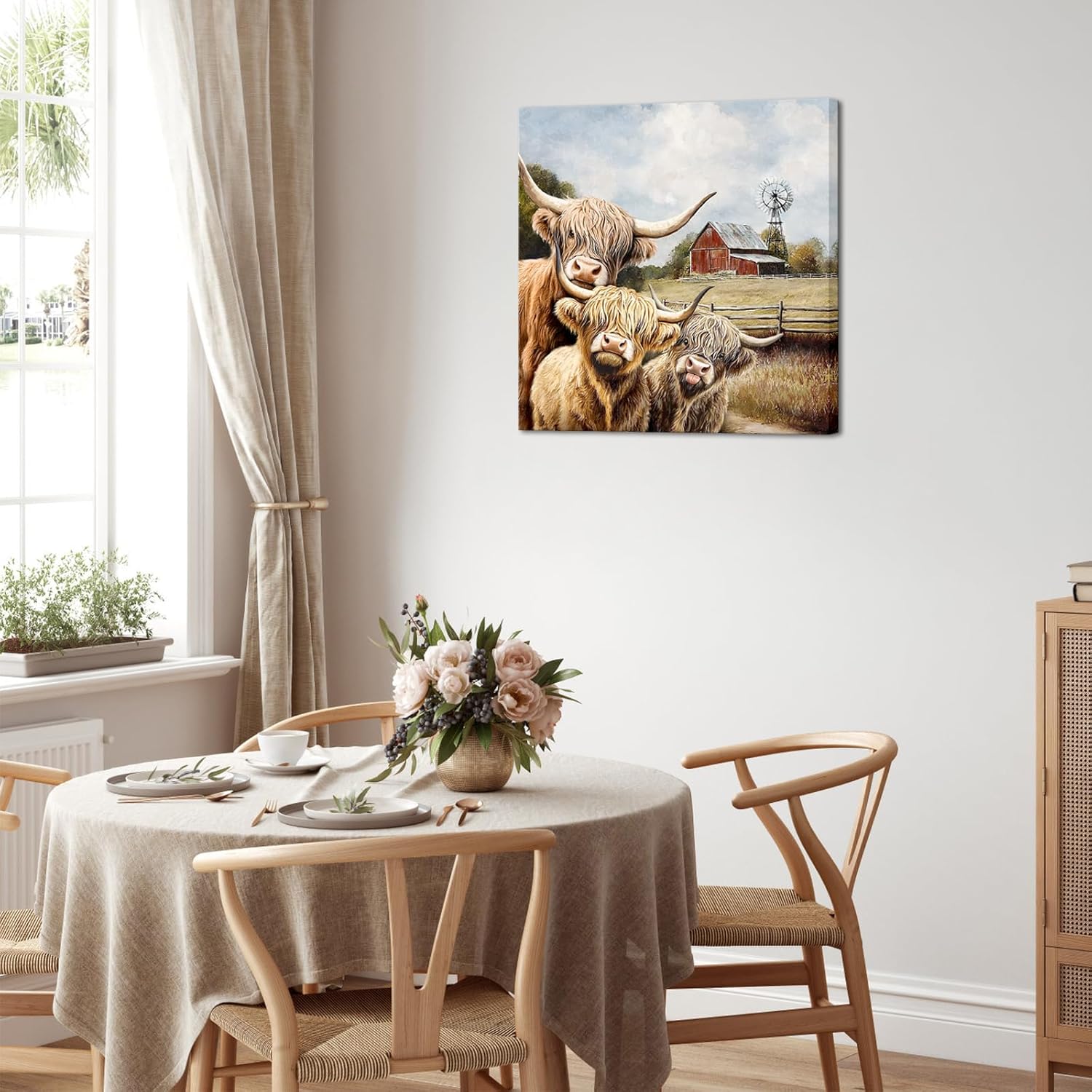 Visual Art Decor Highland Cow Decor Cow Painting Picture Rustic Farmhouse Barn Windmill Wall Art Prints, 24x24inch Framed Ready to Hang