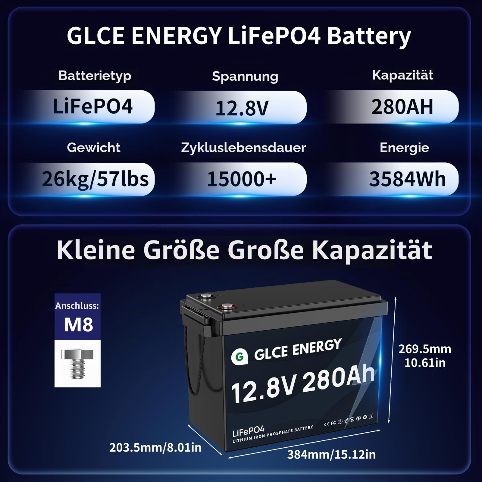12V 280Ah LiFePO4 Batterie, Wiederaufladbare Lithium-Batterie,4000~15000 Zyklen,P65 wasserdichte, Lithium Akku für Camping, RV