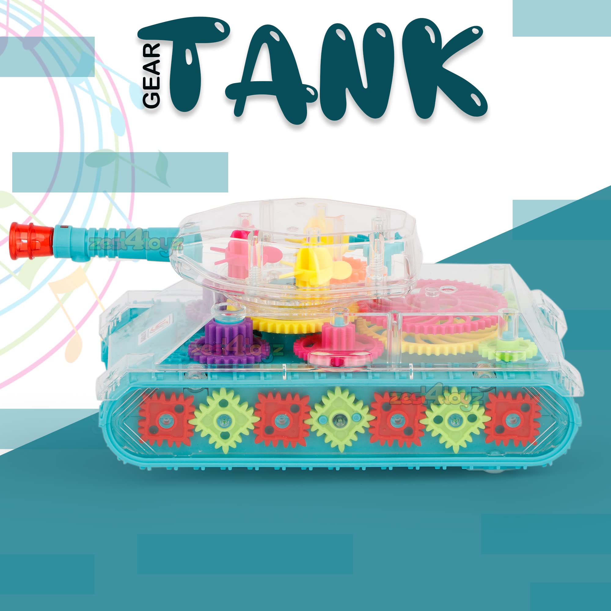 Zest 4 Toyz Army Tank Toy for Kids Transparent Gear Tank with Led Lights 360 Degree Rotation Bump and Go Toys for Boys & Girls Musical Toy Car for Kids (Gear Army Tank) - Multicolor 3